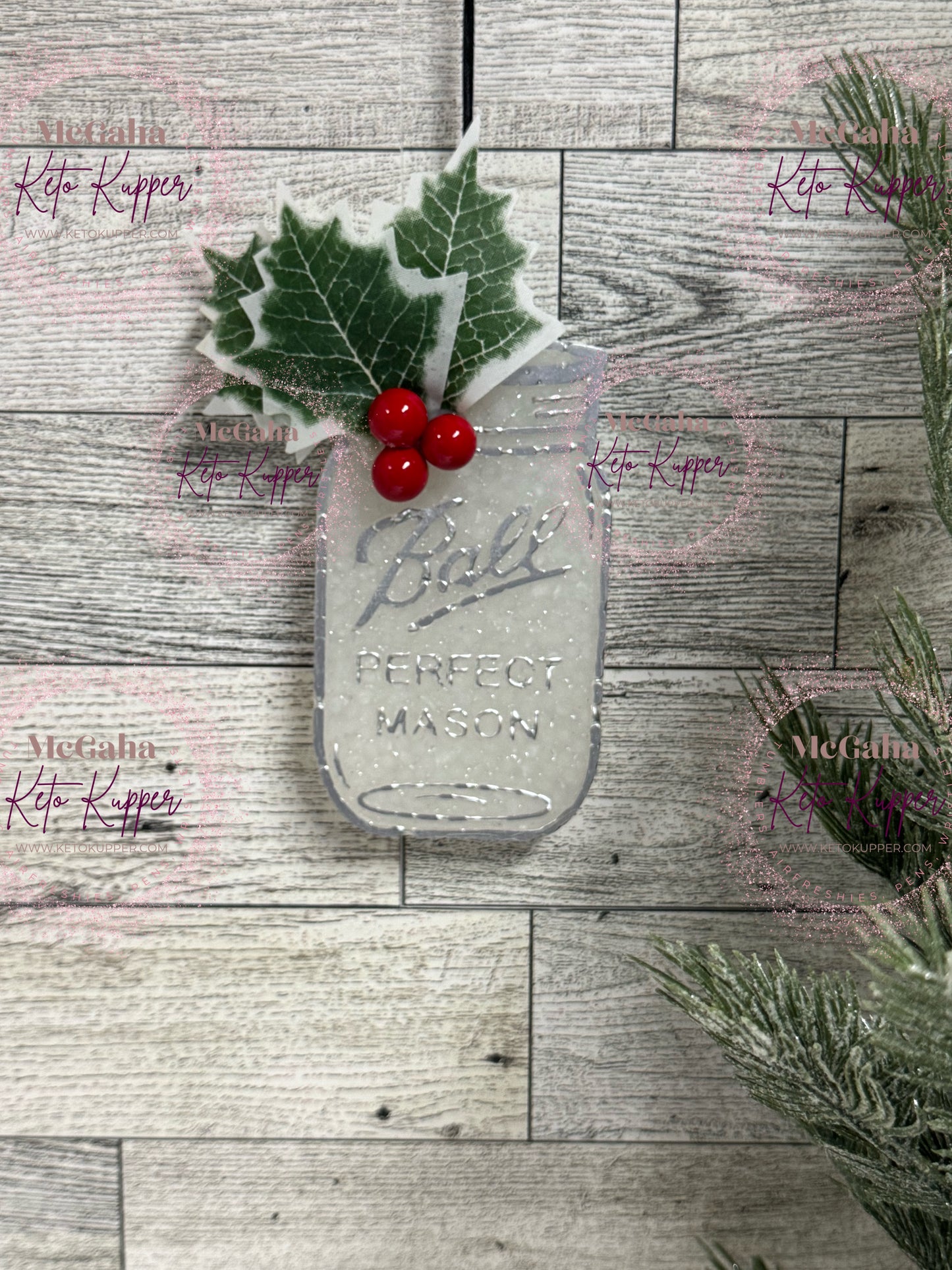 RTS White Mason Jar with Holly Leaves Freshie